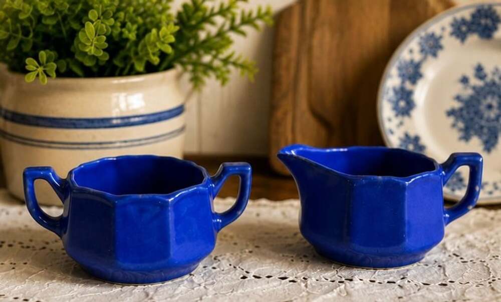 Vintage Cobalt Blue Ceramic Creamer and Sugar Bowl Set USA Pottery